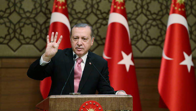 Turkish President Tayyip Erdogan makes a speech during his meeting with mukhtars at the Presidential Palace in Ankara, Turkey, February 8, 2017. Yasin Bulbul/Presidential Palace/Handout via REUTERS ATTENTION EDITORS - THIS PICTURE WAS PROVIDED BY A THIRD PARTY. FOR EDITORIAL USE ONLY. NO RESALES. NO ARCHIVE.