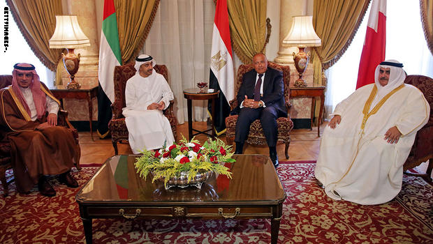 Saudi Foreign Minister Adel al-Jubeir (L), UAE Minister of Foreign Affairs and International Cooperation Abdullah bin Zayed Al-Nahyan (C-L), Egyptian Foreign Minister Sameh Shoukry (C-R), and Bahraini Foreign Minister Khalid bin Ahmed al-Khalifa (R) meet in the Egyptian capital Cairo on July 5, 2017, to discuss the Gulf diplomatic crisis with Qatar, as Doha called for dialogue to resolve the dispute.
The Saudi foreign ministry said on July 5, 2017 that it had received Qatar's response to a 13-point list of demands issued on June 22 -- which include Doha ending support for the Muslim Brotherhood and closing broadcaster Al-Jazeera -- and would respond "at the right time". / AFP PHOTO / POOL / Khaled ELFIQI (Photo credit should read KHALED ELFIQI/AFP/Getty Images)