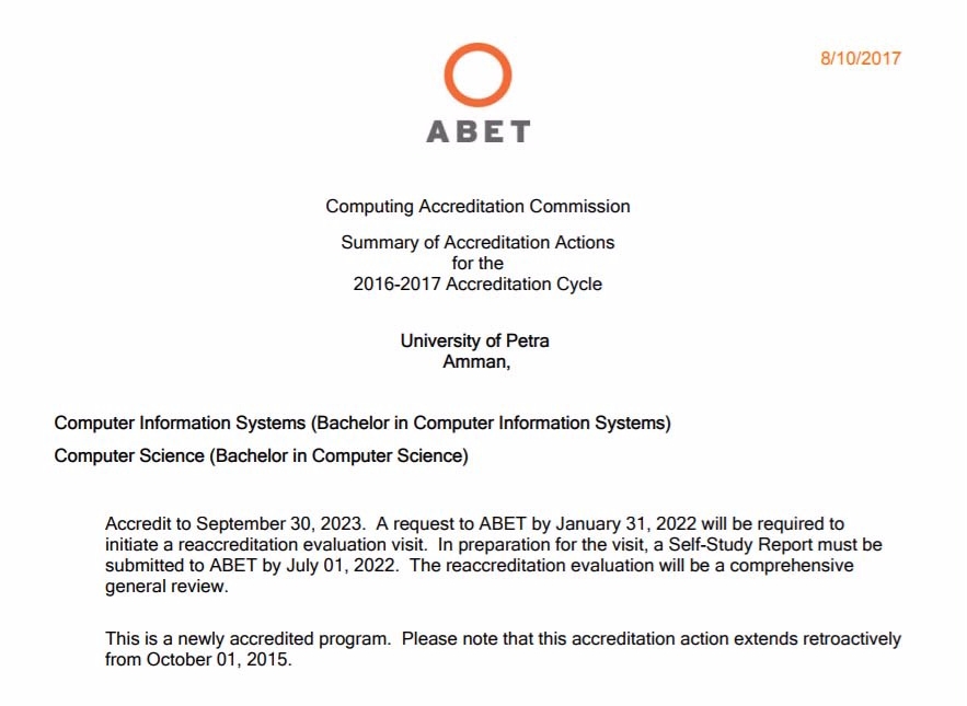 جامعة البترا تحصل على الاعتماد الأميركي في تخصصات كلية تكنولوجيا المعلومات