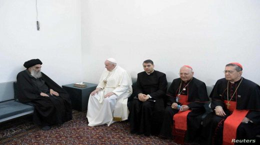 Pope Francis meets with Iraq's top Shi'ite cleric, Grand Ayatollah Ali al-Sistani, in Najaf, Iraq March 6, 2021. Grand Ayatollah Ali al-Sistani office/Handout via REUTERS ATTENTION EDITORS -THIS IMAGE HAS BEEN SUPPLIED BY A THIRD PARTY. NO RESALES. NO ARCHIVES