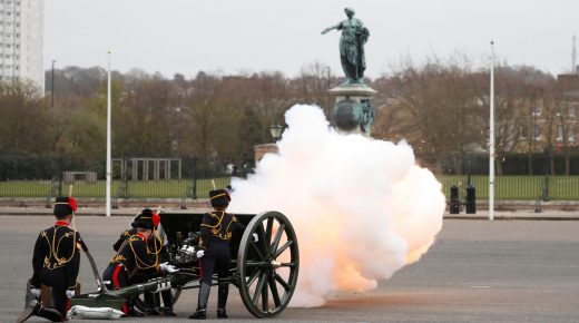 The Death Gun Salute is fired by The Kings Troop Royal Horse Artillery to mark the passing of Britain's Prince Philip, Duke of Edinburgh, at the Parade Ground, Woolwich Barracks in central London on April 10, 2021, the day after his death at the age of 99. Military guns will be fired across Britain and sporting events will fall silent on Saturday as part of worldwide tributes to mark the death of Queen Elizabeth II's husband, Prince Philip. / AFP / POOL / Alastair Grant