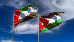 Flags of Jordan and UAE Arab Emirates. 3D artwork