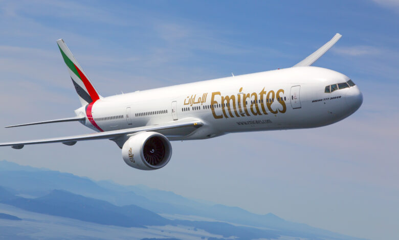 Emirates Boeing 777-300ER photographed on August 17, 2015 from Wolfe Air Aviation's Lear 25B.