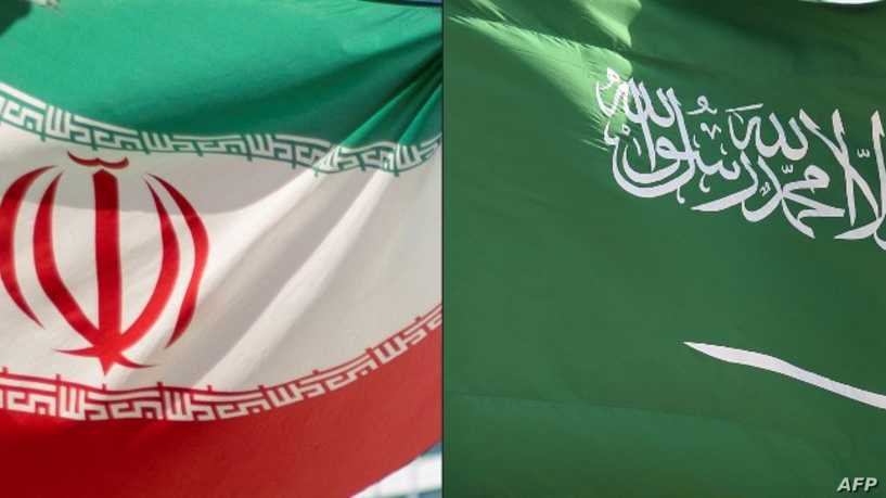 (COMBO) This combination of pictures created on October 5, 2021 shows (L to R) an Iranian flag fluttering outside of the UN headquarters during the opening of the International Atomic Energy Agency (IAEA) Board of Governors meeting at the IAEA headquarters in Vienna, Austria on September 10, 2018; and a Saudi national flag flying in Riyadh on September 22, 2020. - Regional arch-rivals Saudi Arabia and Iran are showing signs of warming relations, but experts say more work is needed to ease tensions after a five-year rift. (Photos by JOE KLAMAR and OZAN KOSE / AFP)