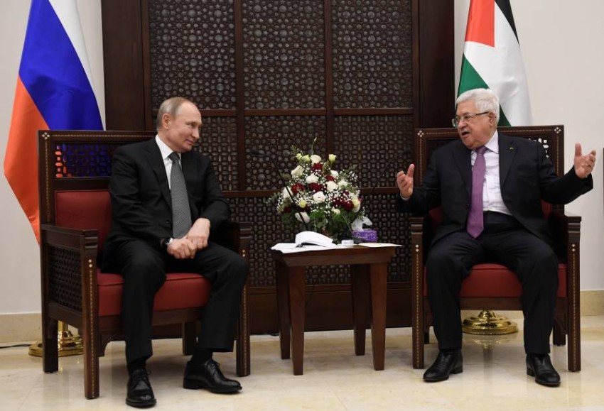 Russian President Vladimir Putin talks with Palestinian President Mahmud Abbas in the West Bank town of Bethlehem January 23, 2020. Alexander Nemenov/Pool via REUTERS